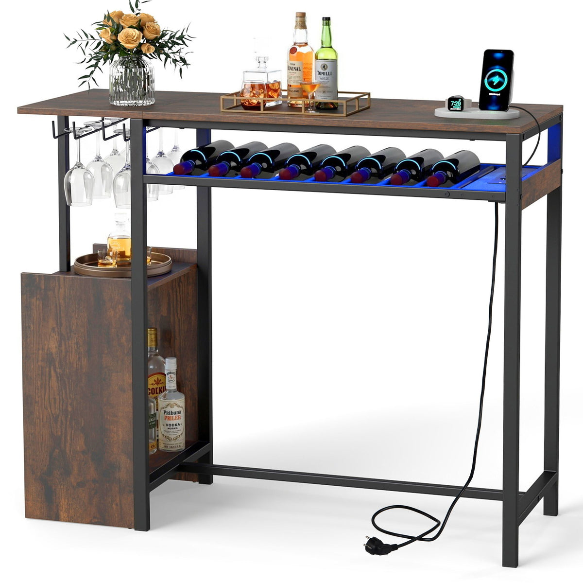 110 x 40 cm Rectangular Bar Table with Power Strip and RGB Light for Kitchen and Dining Room