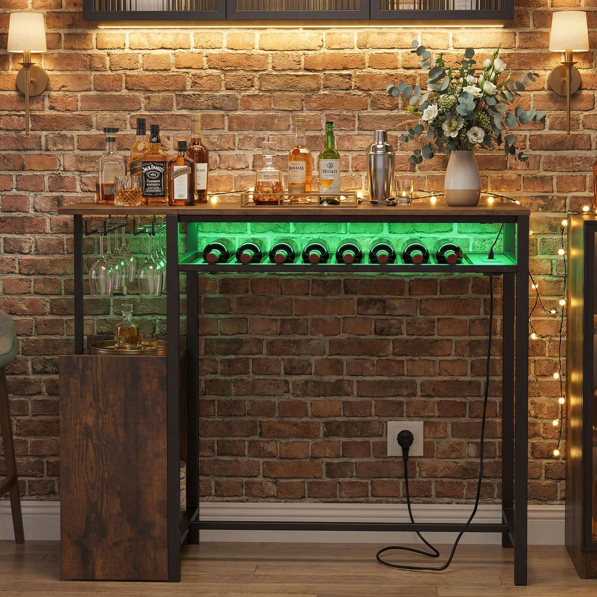 110 x 40 cm Rectangular Bar Table with Power Strip and RGB Light for Kitchen and Dining Room