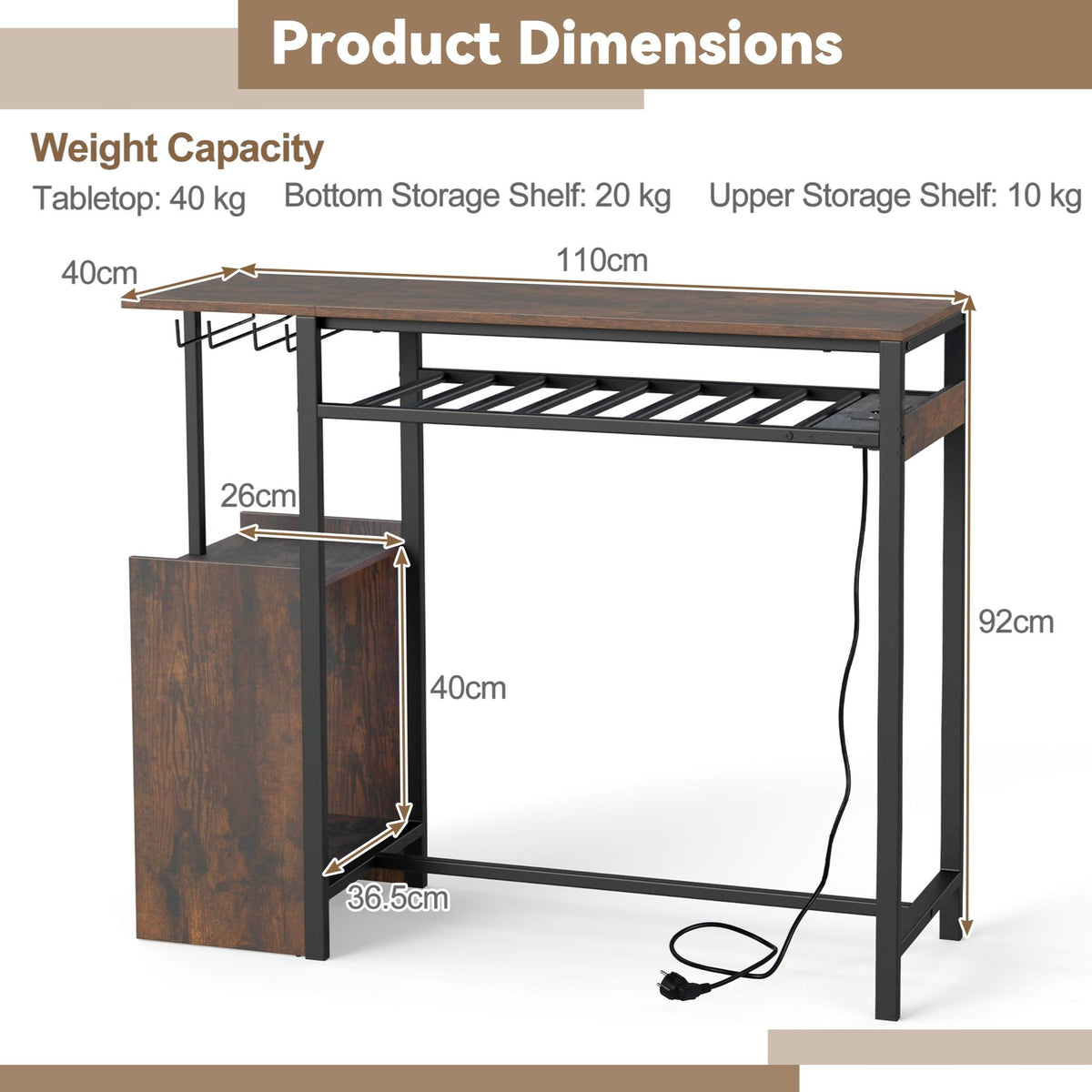 110 x 40 cm Rectangular Bar Table with Power Strip and RGB Light for Kitchen and Dining Room