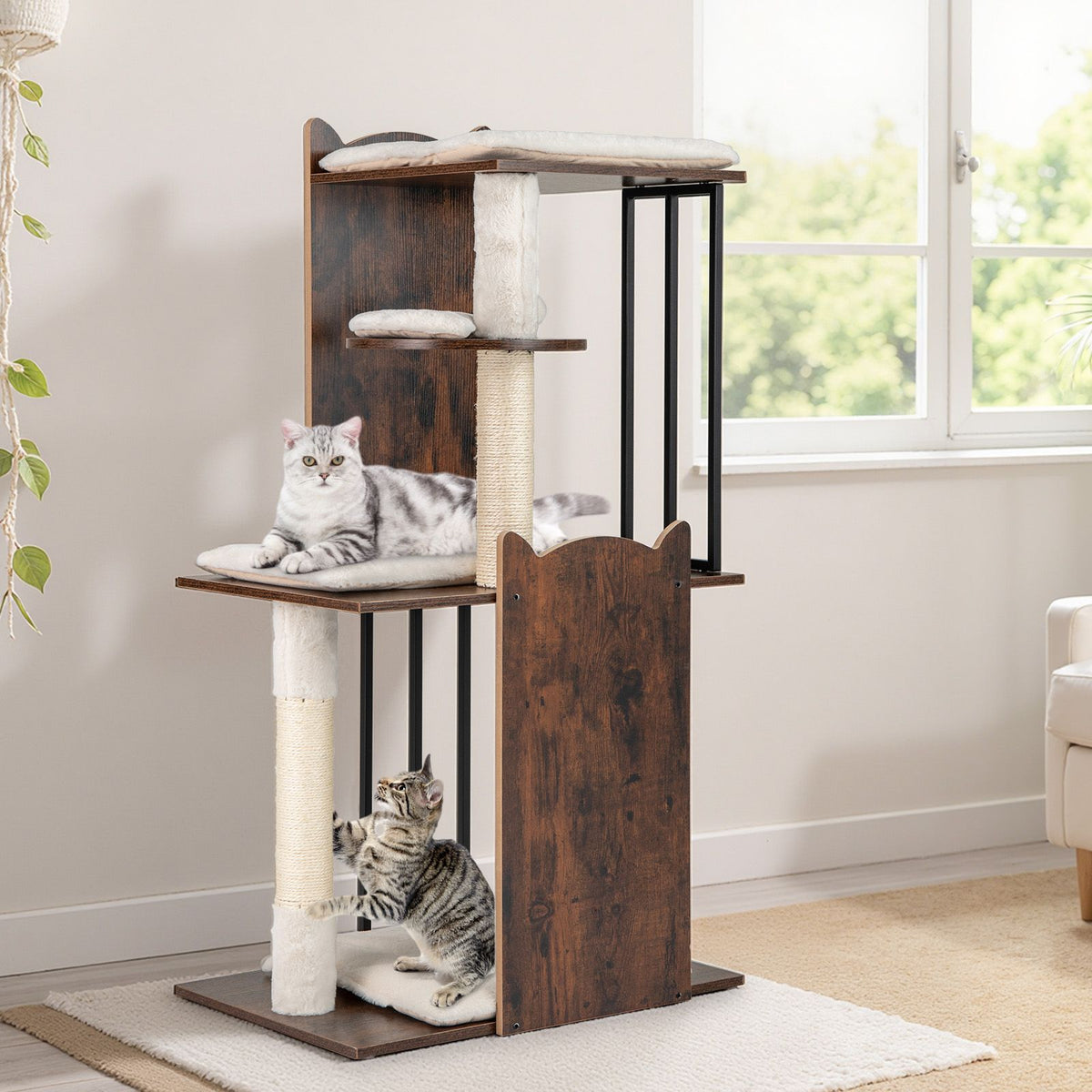 112 CM Tall Wooden Cat Tree with Removable Washable Plush Cushions