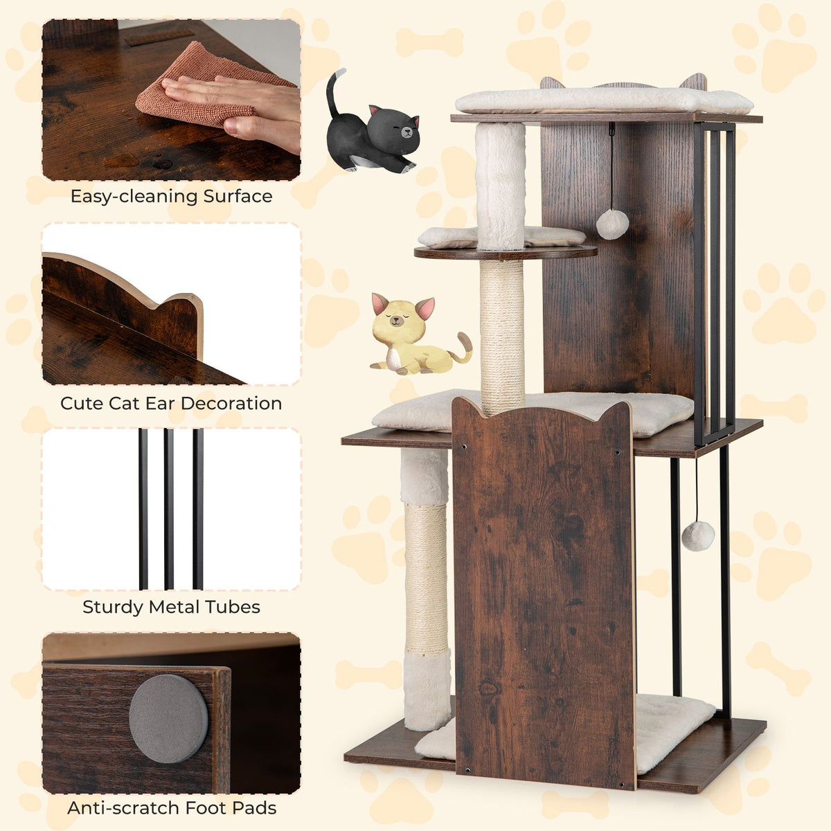 112 CM Tall Wooden Cat Tree with Removable Washable Plush Cushions