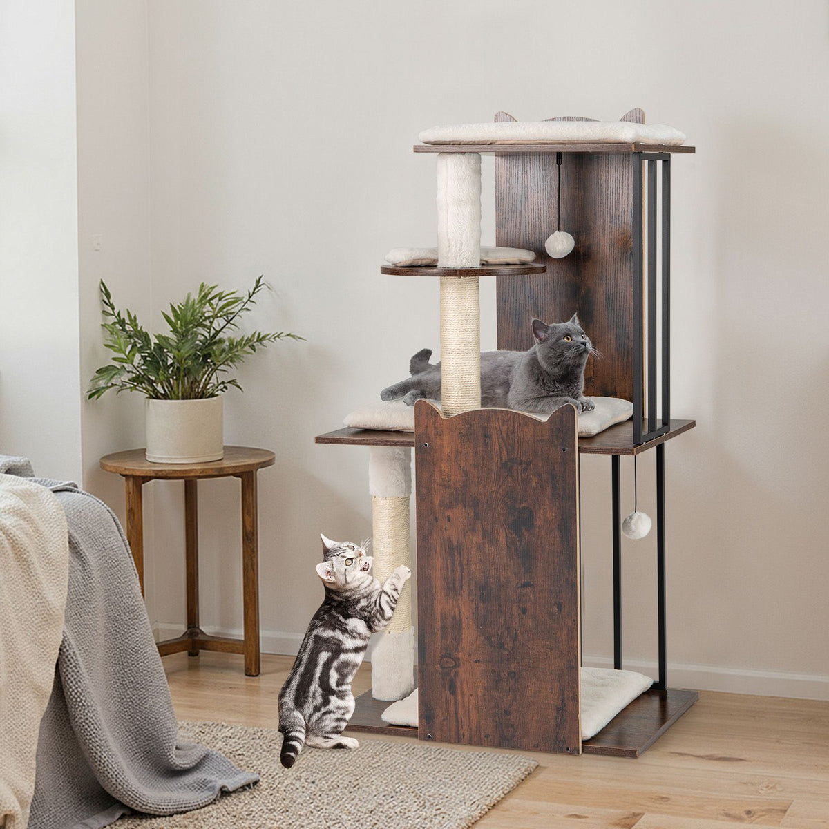 112 CM Tall Wooden Cat Tree with Removable Washable Plush Cushions