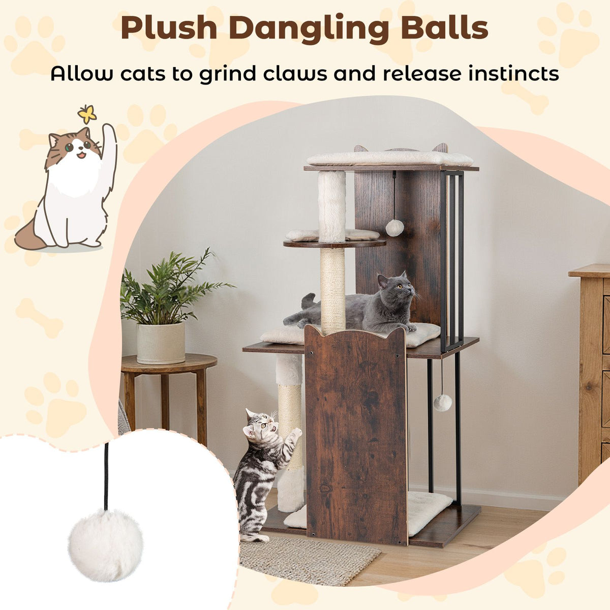 112 CM Tall Wooden Cat Tree with Removable Washable Plush Cushions