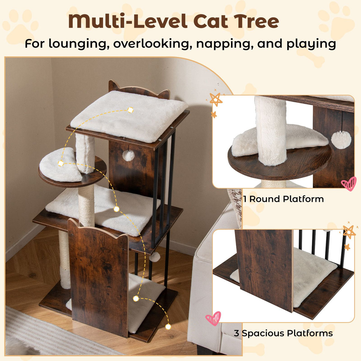 112 CM Tall Wooden Cat Tree with Removable Washable Plush Cushions