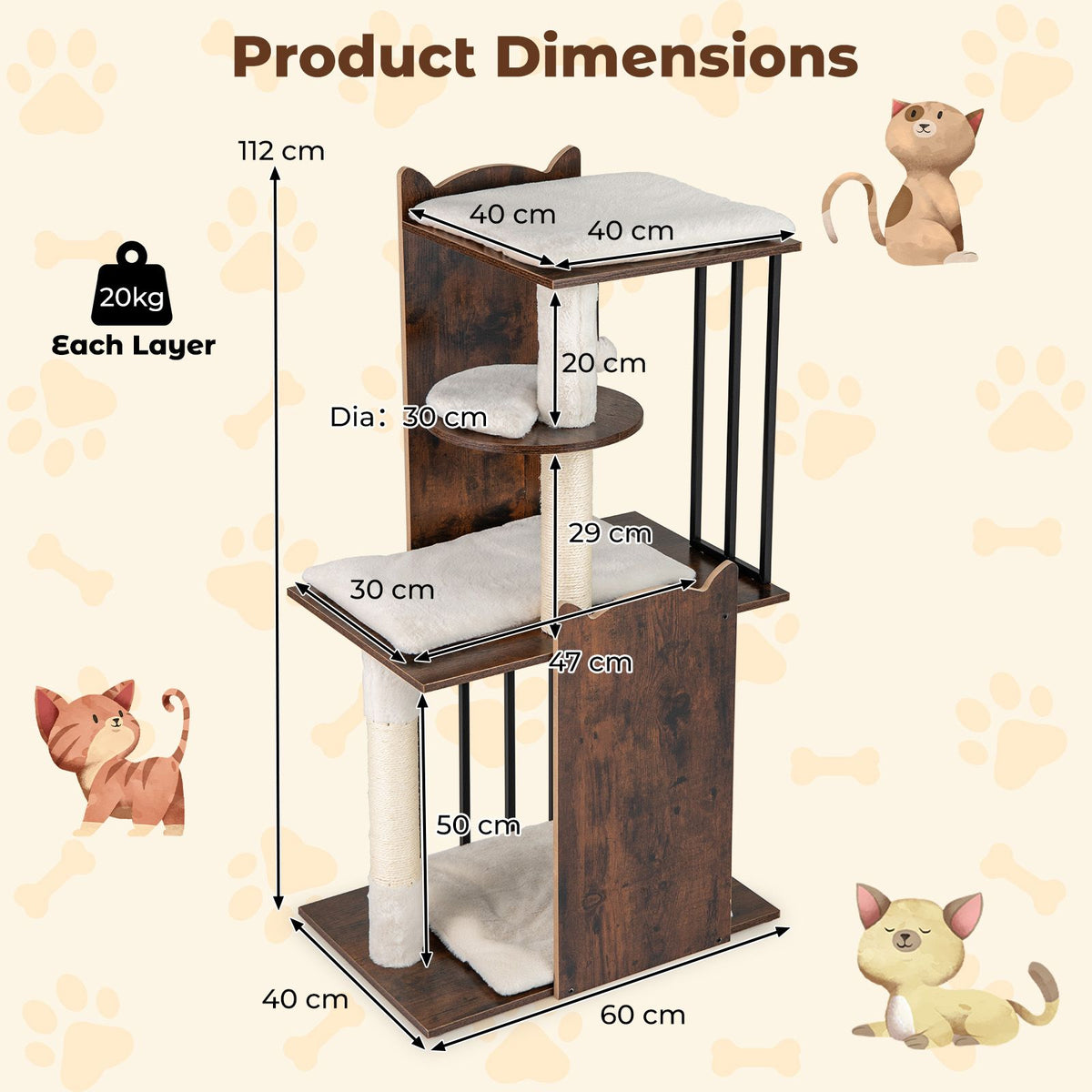 112 CM Tall Wooden Cat Tree with Removable Washable Plush Cushions