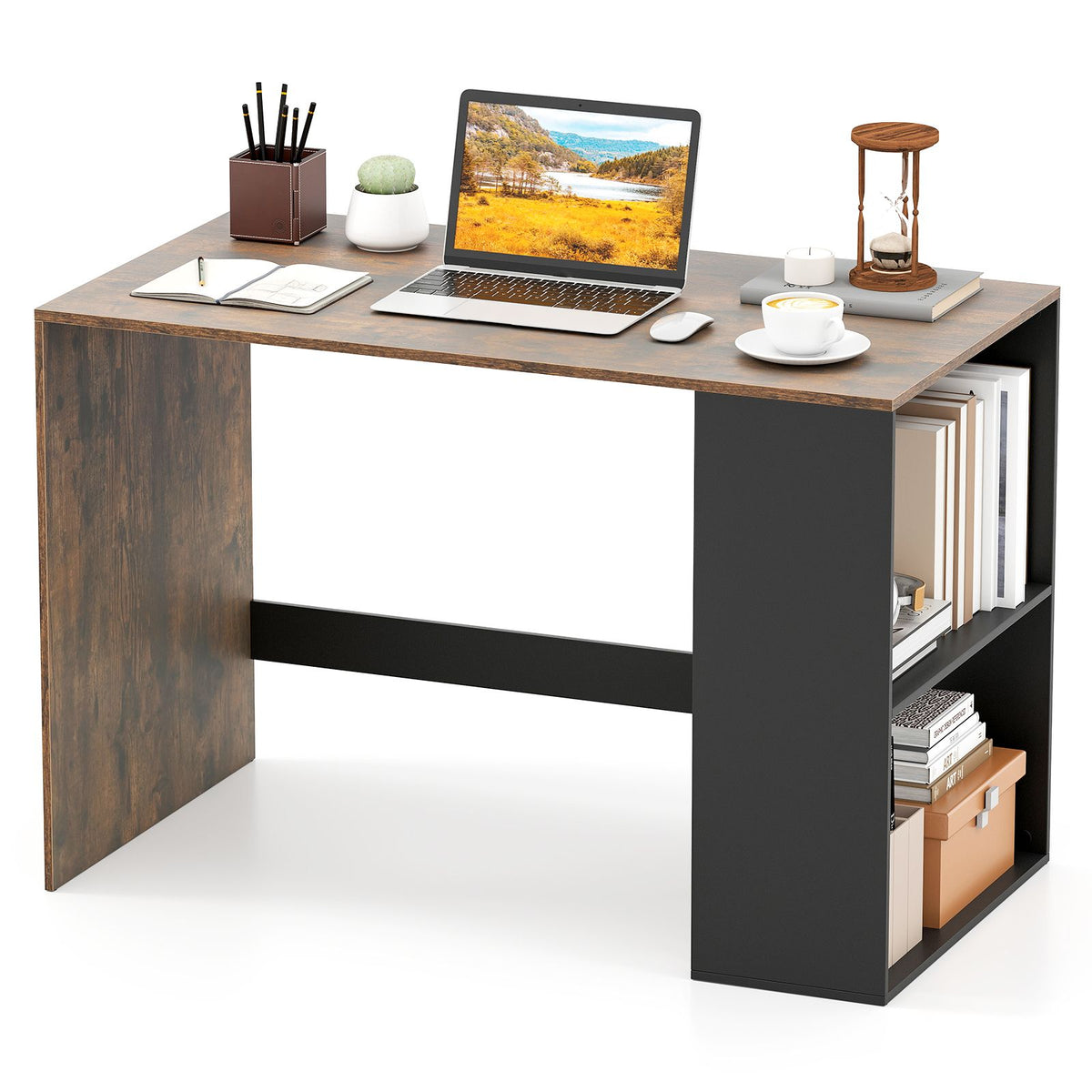 112cm Home Office Desk with 2-Tier Bookshelf for Bedroom and Living Room