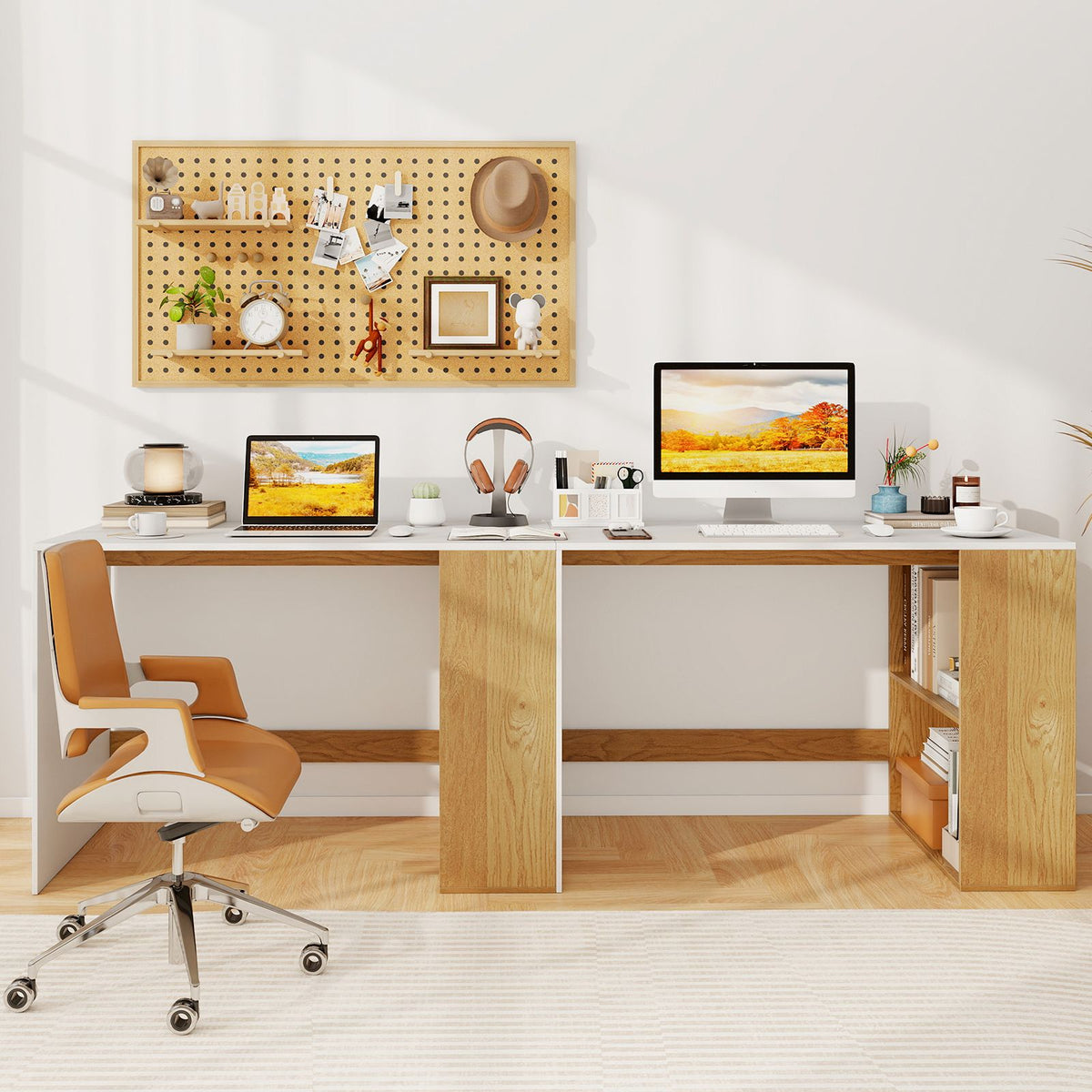 112cm Home Office Desk with 2-Tier Bookshelf for Bedroom and Living Room