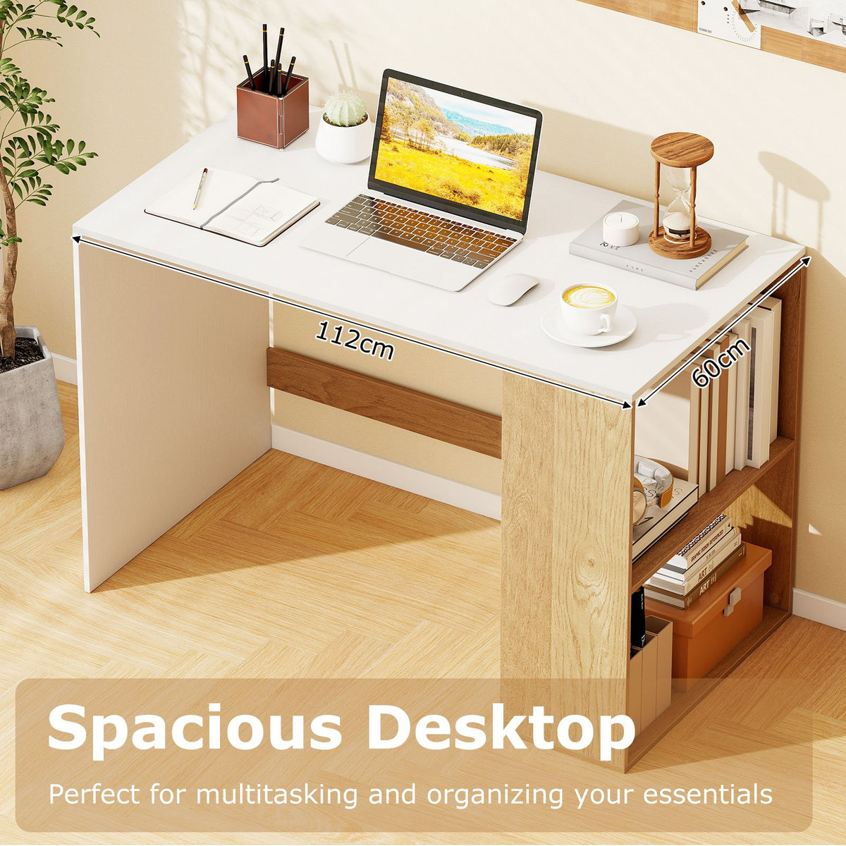 112cm Home Office Desk with 2-Tier Bookshelf for Bedroom and Living Room