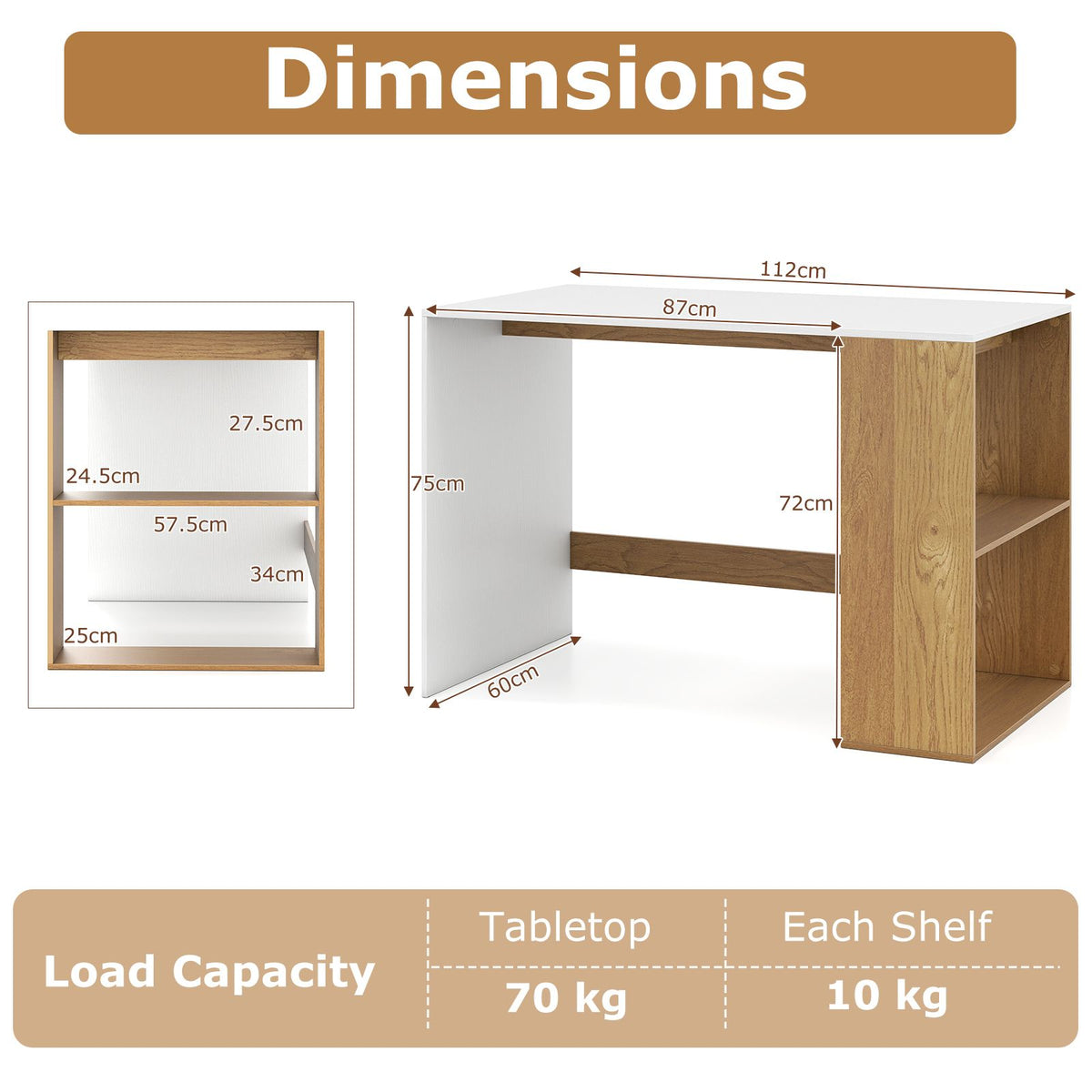 112cm Home Office Desk with 2-Tier Bookshelf for Bedroom and Living Room