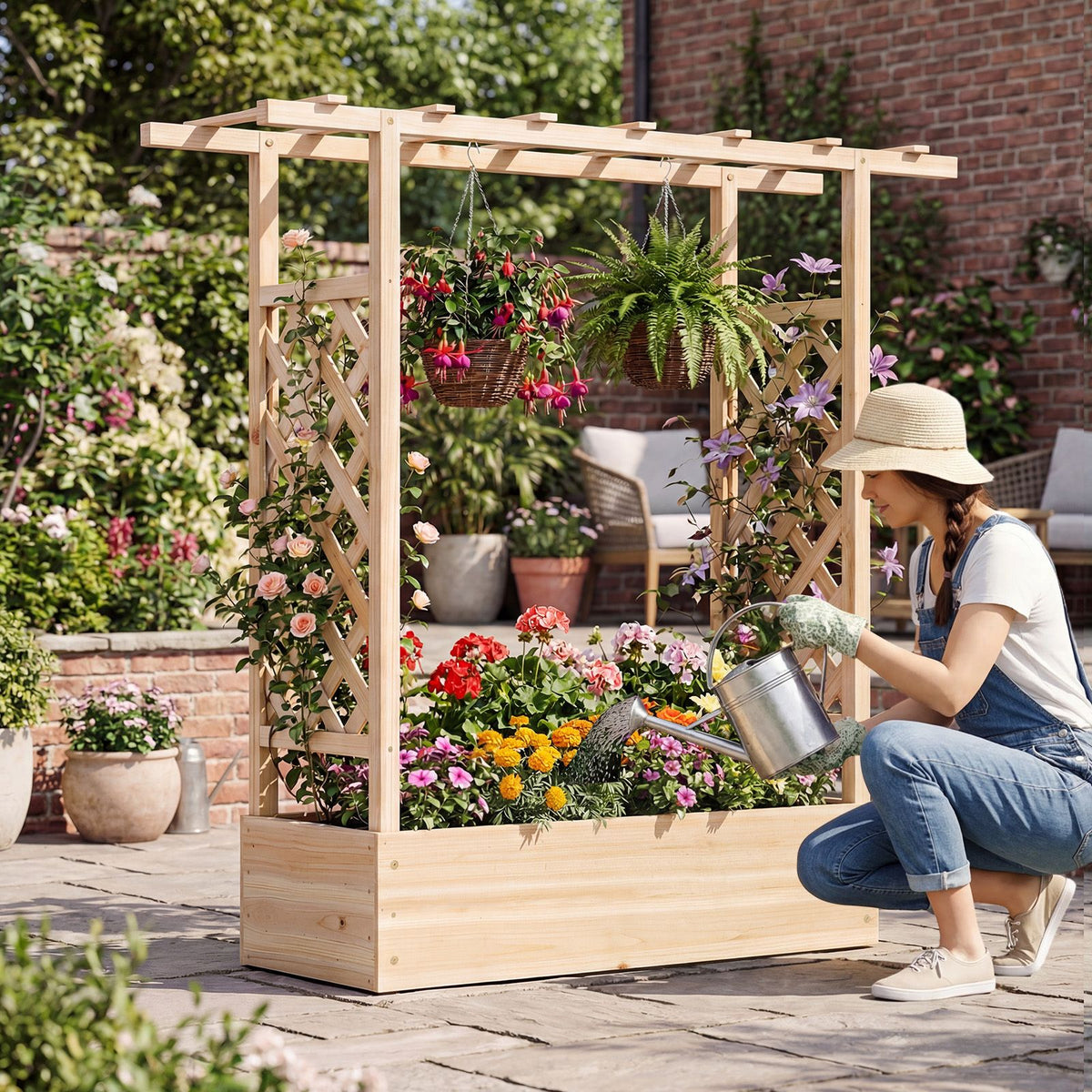 114cm Freestanding Elevated Garden Bed with Trellis for Outdoor Climbing Plants Flowers