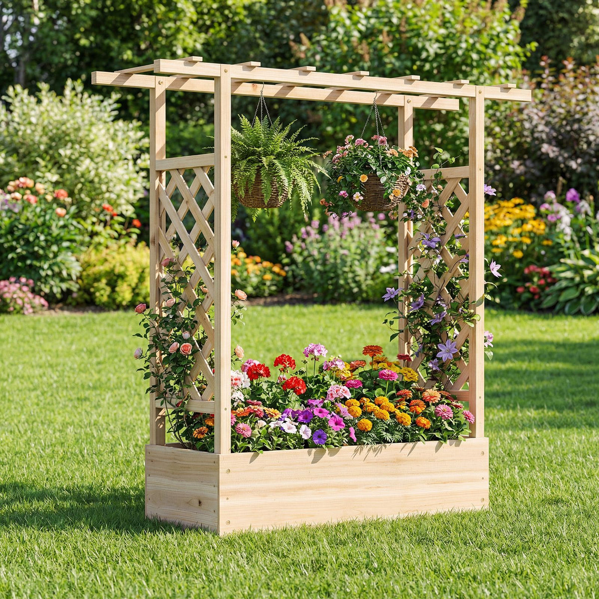 114cm Freestanding Elevated Garden Bed with Trellis for Outdoor Climbing Plants Flowers