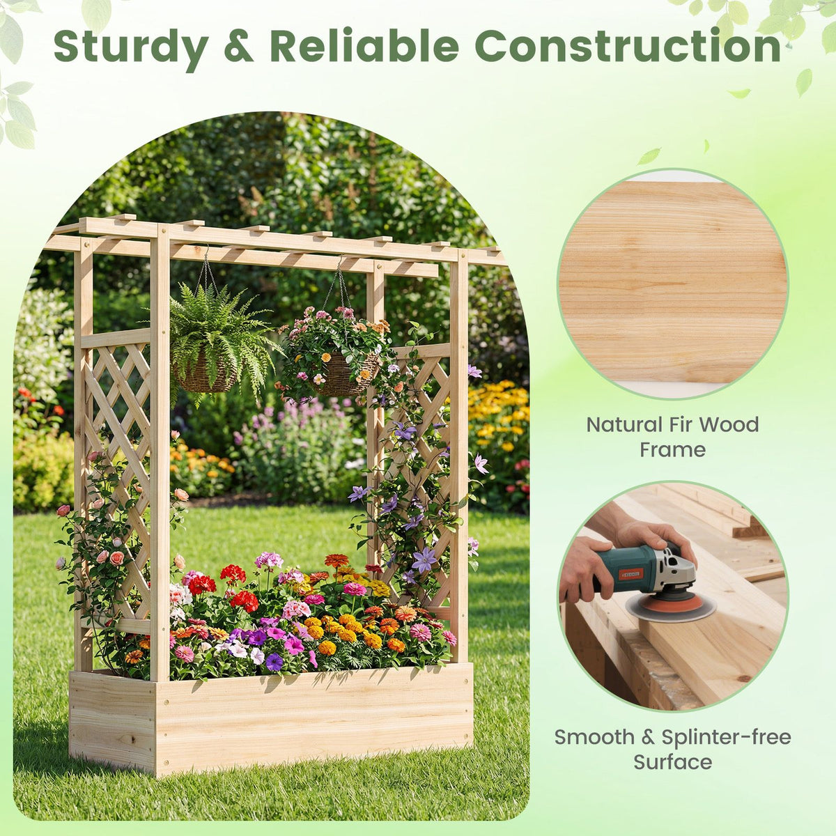 114cm Freestanding Elevated Garden Bed with Trellis for Outdoor Climbing Plants Flowers