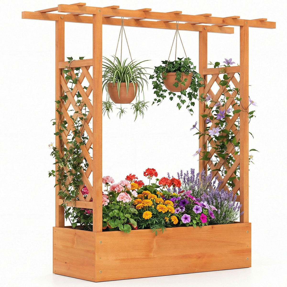 114cm Freestanding Elevated Garden Bed with Trellis for Outdoor Climbing Plants Flowers