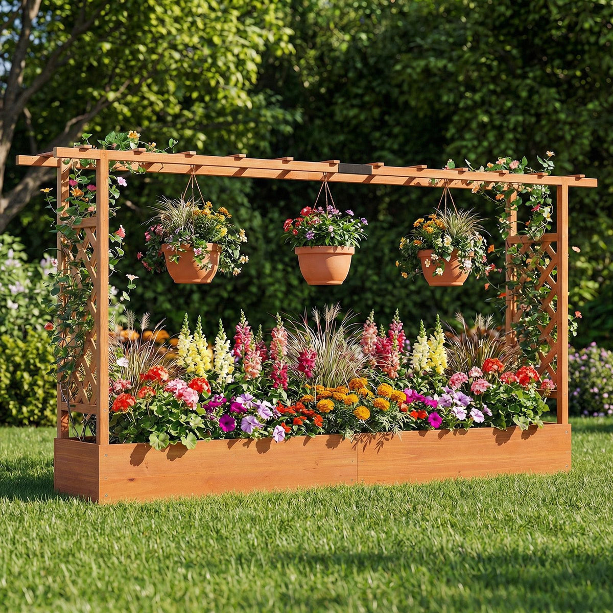 114cm Freestanding Wooden Raised Garden Bed with Trellisand Hanging Roof