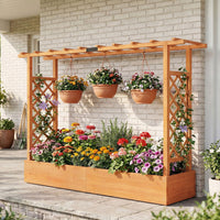 114cm Freestanding Wooden Raised Garden Bed with Trellisand Hanging Roof