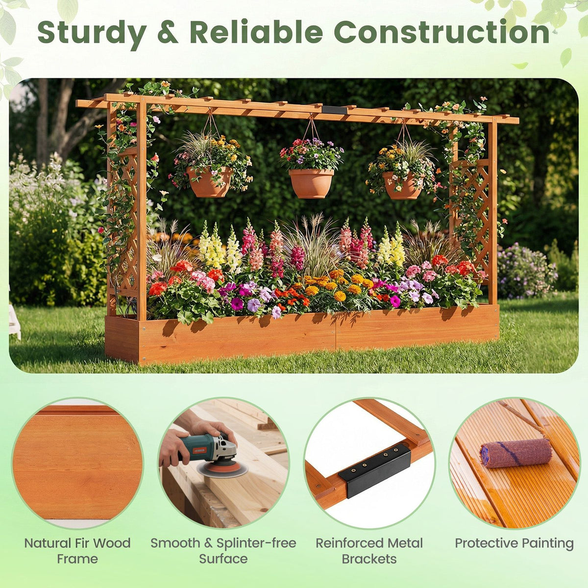 114cm Freestanding Wooden Raised Garden Bed with Trellisand Hanging Roof