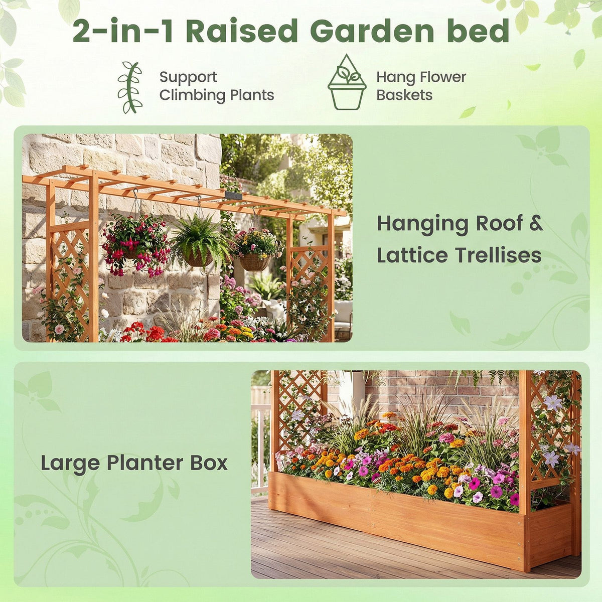114cm Freestanding Wooden Raised Garden Bed with Trellisand Hanging Roof