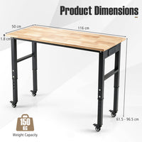 116cm Adjustable Height Workbench with Wheels Heavy-Duty Oak Wood Top