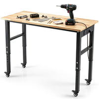 116cm Adjustable Height Workbench with Wheels Heavy-Duty Oak Wood Top