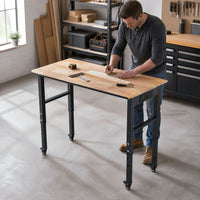 116cm Adjustable Height Workbench with Wheels Heavy-Duty Oak Wood Top