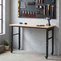 116cm Adjustable Height Workbench with Wheels Heavy-Duty Oak Wood Top