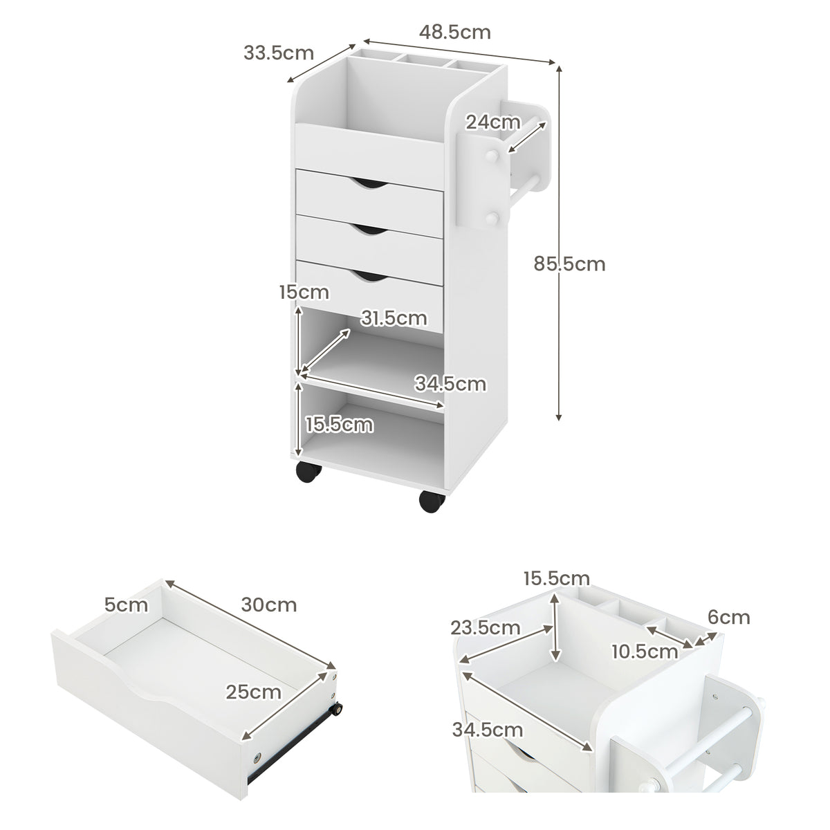Giantex Rolling Craft Storage Cart, Utility Cart w/ 3 Drawers, 3 Shelves, 3 Slots & 2 Dowels, White