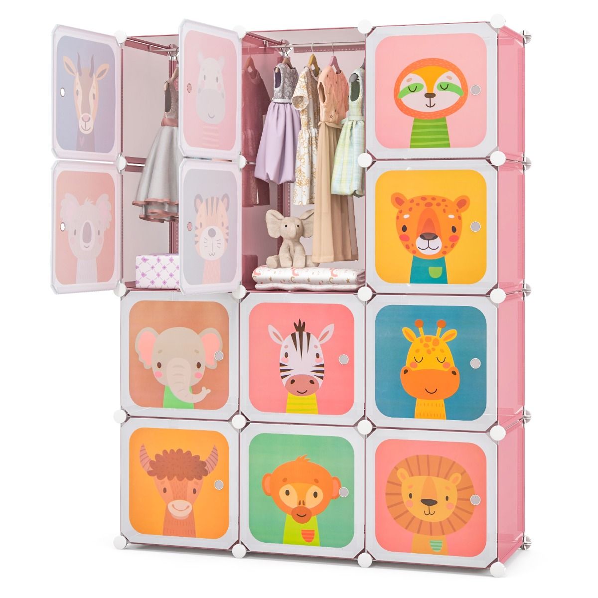Portable Kids Wardrobe, 12-Cube Baby Closet Organizer for Children with Doors & Hanging Section