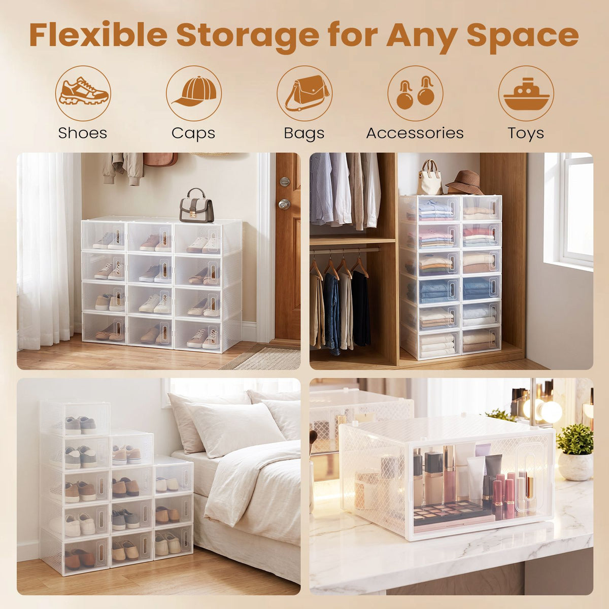 12/15 Pack Shoe Storage Boxes, Plastic Stackable Shoe Organizer for Closet
