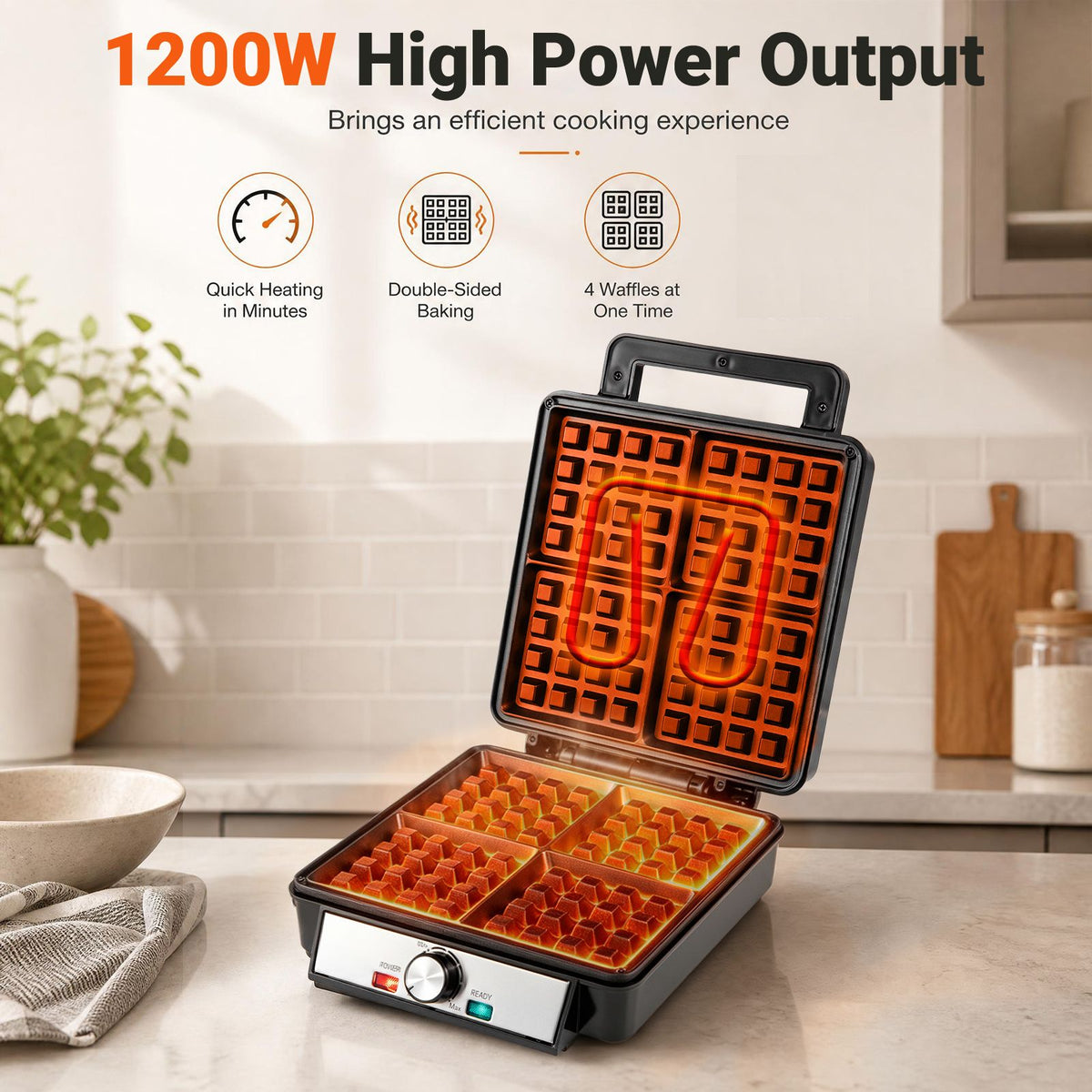 1200W Belgian Waffle Maker with Browning and Knob Nonstick Plates for Family Breakfast