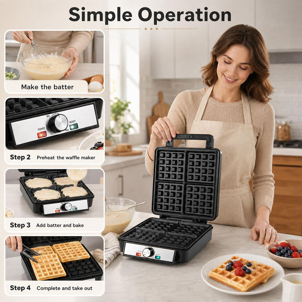 1200W Belgian Waffle Maker with Browning and Knob Nonstick Plates for Family Breakfast