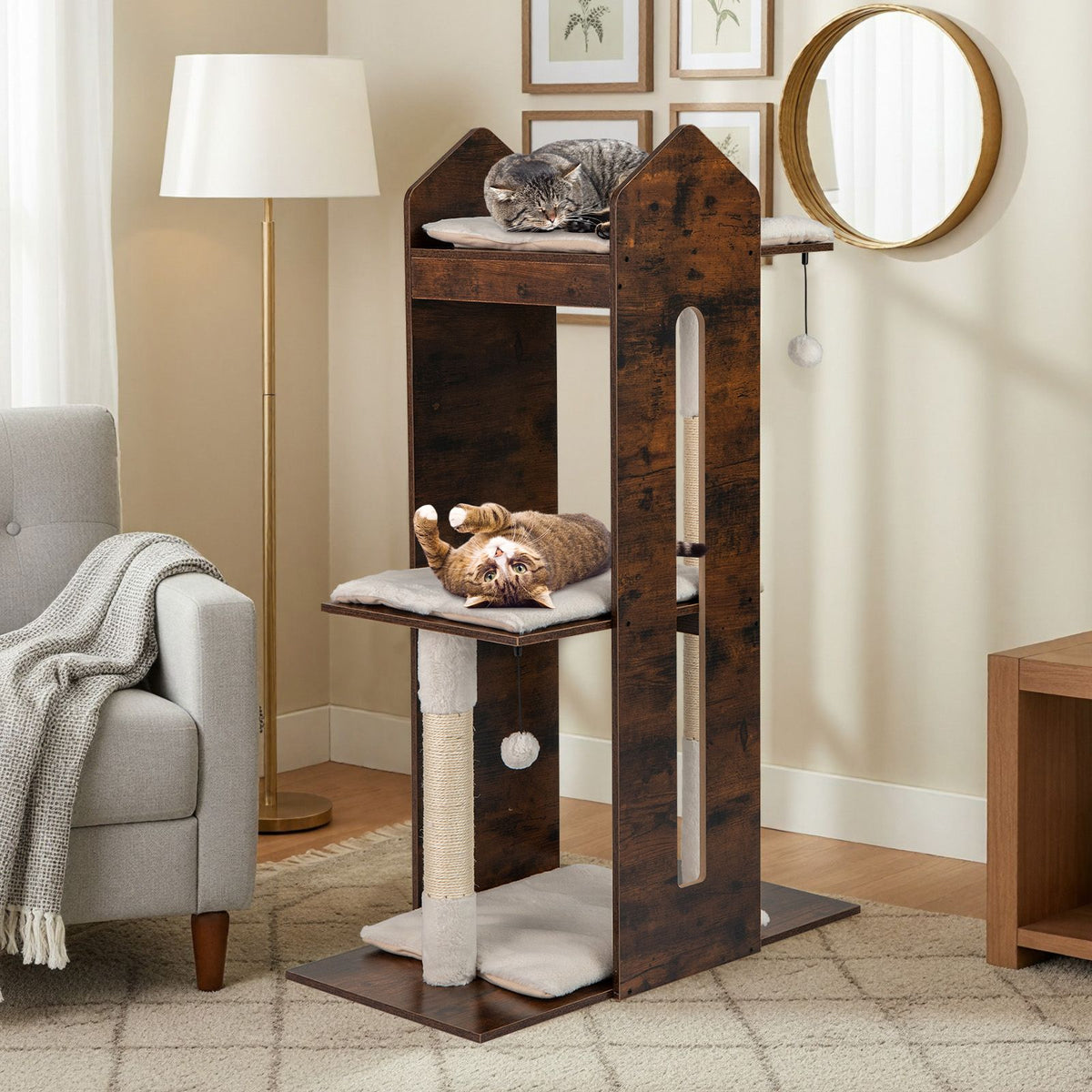 120 CM Tall Wooden Cat Tree with Removable Washable Plush Cushions