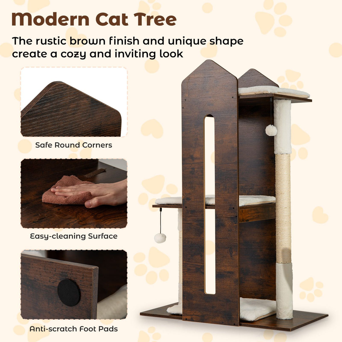 120 CM Tall Wooden Cat Tree with Removable Washable Plush Cushions