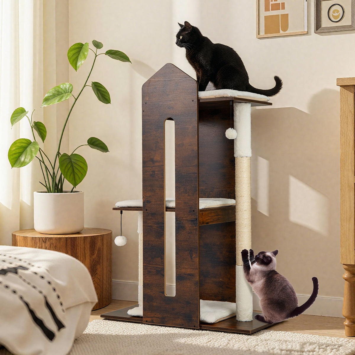 120 CM Tall Wooden Cat Tree with Removable Washable Plush Cushions