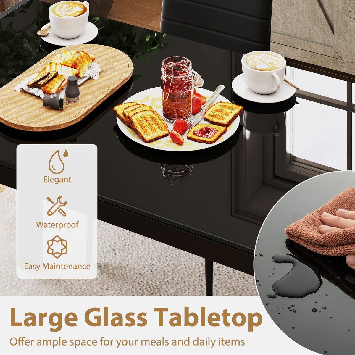 120 CM Modern Dining Table for 4 Rectangular Kitchen Table with Glass Tabletop