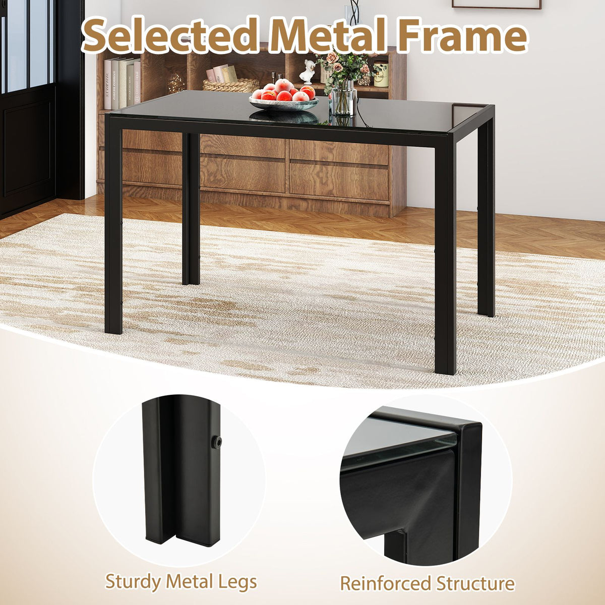 120 CM Modern Dining Table for 4 Rectangular Kitchen Table with Glass Tabletop