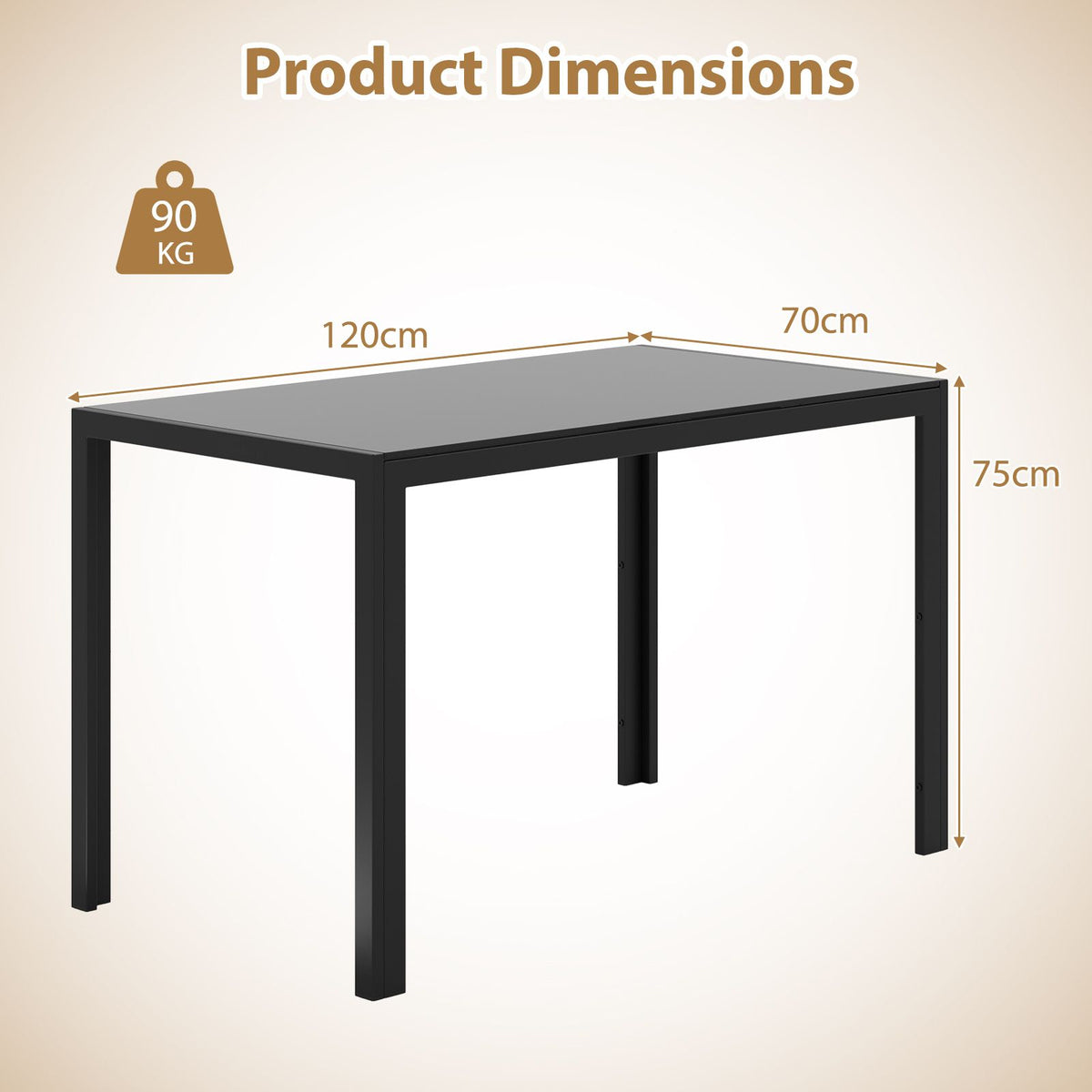 120 CM Modern Dining Table for 4 Rectangular Kitchen Table with Glass Tabletop