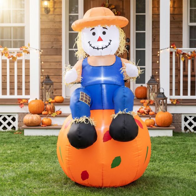 120cm Fall Inflatable Decoration Scarecrow Sitting on Pumpkin for Holiday Decor