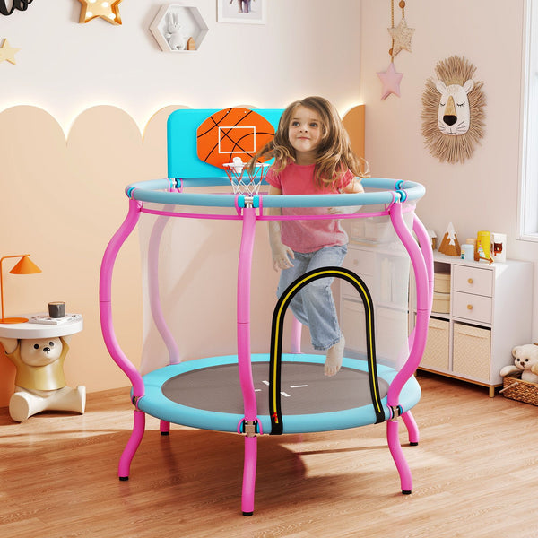 120cm Kids Trampoline with Basketball Hoop and Tall Enclosure Net