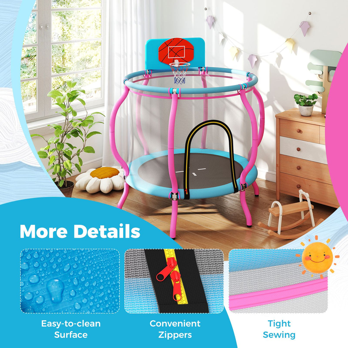 120cm Kids Trampoline with Basketball Hoop and Tall Enclosure Net