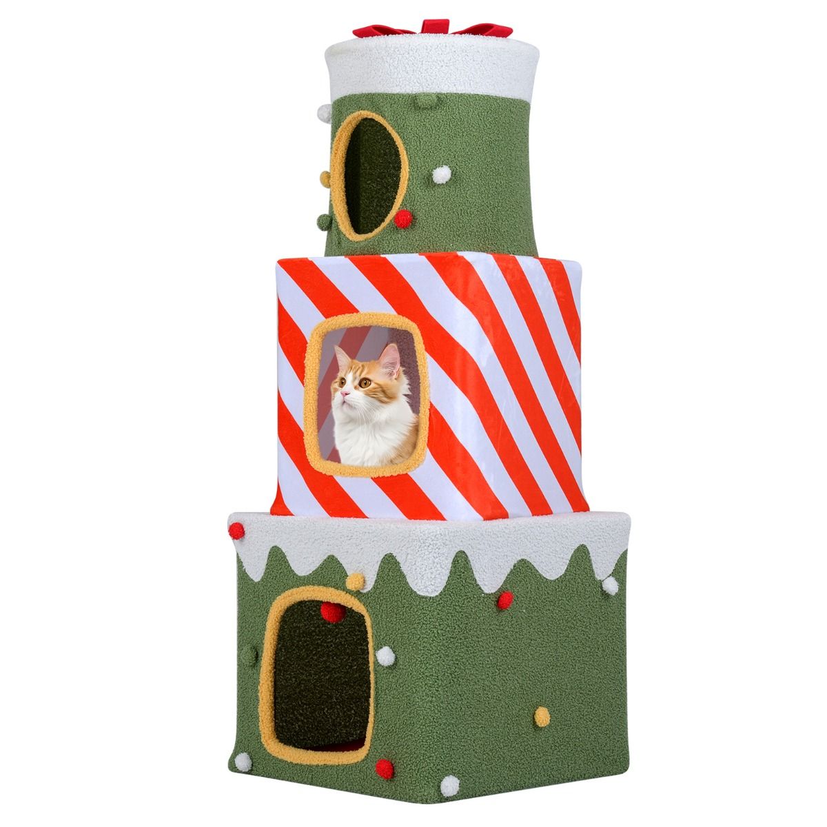 120 cm Christmas Cat Tree Stackable with 3 Condos and Dangling Ball