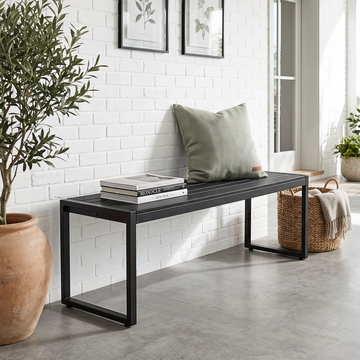 122 cm Outdoor Bench with Wood-Plastic Composite and Metal Frame Slatted Seat for Garden
