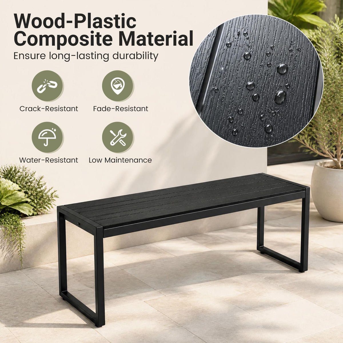 122 cm Outdoor Bench with Wood-Plastic Composite and Metal Frame Slatted Seat for Garden