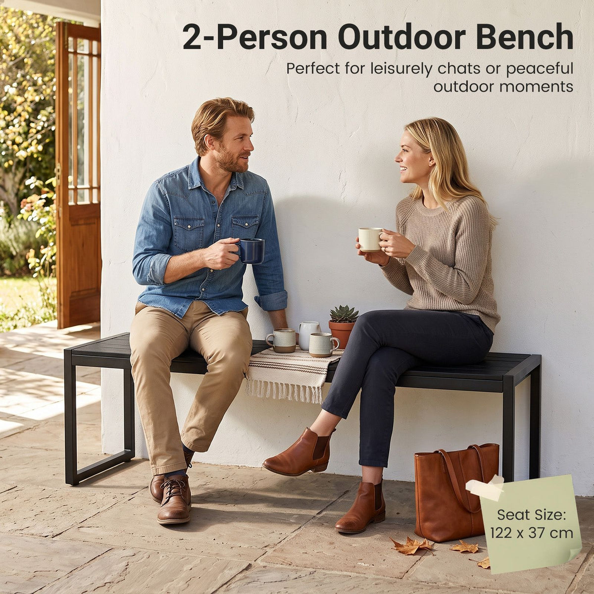 122 cm Outdoor Bench with Wood-Plastic Composite and Metal Frame Slatted Seat for Garden