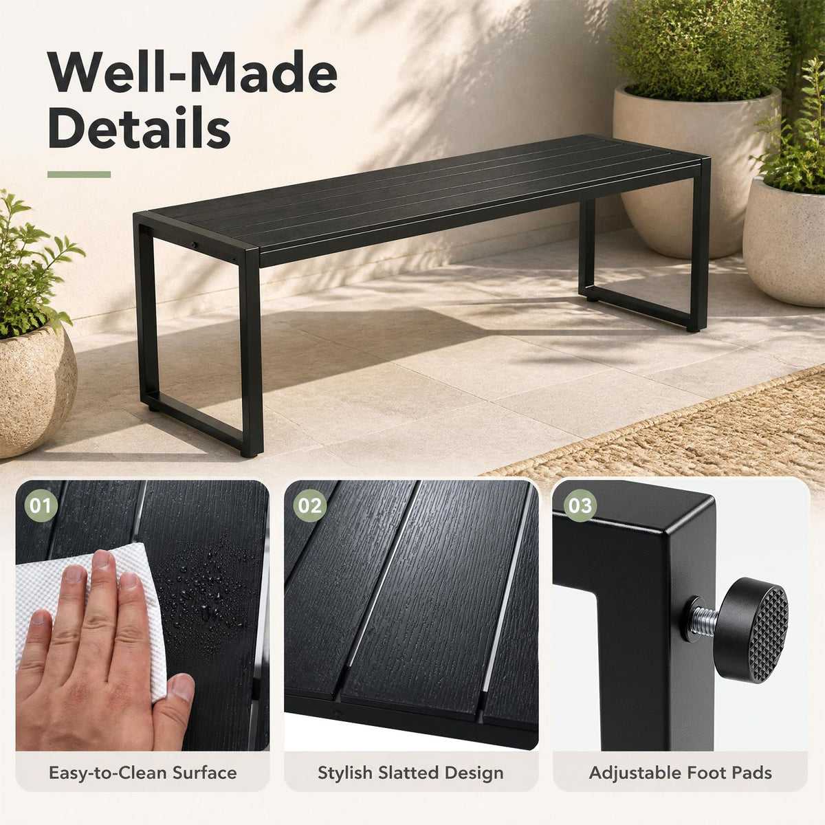 122 cm Outdoor Bench with Wood-Plastic Composite and Metal Frame Slatted Seat for Garden