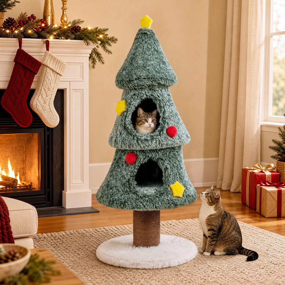 127 cm Christmas Cat Tree with 2 Condos and Scratching Post Holiday Pet Furniture