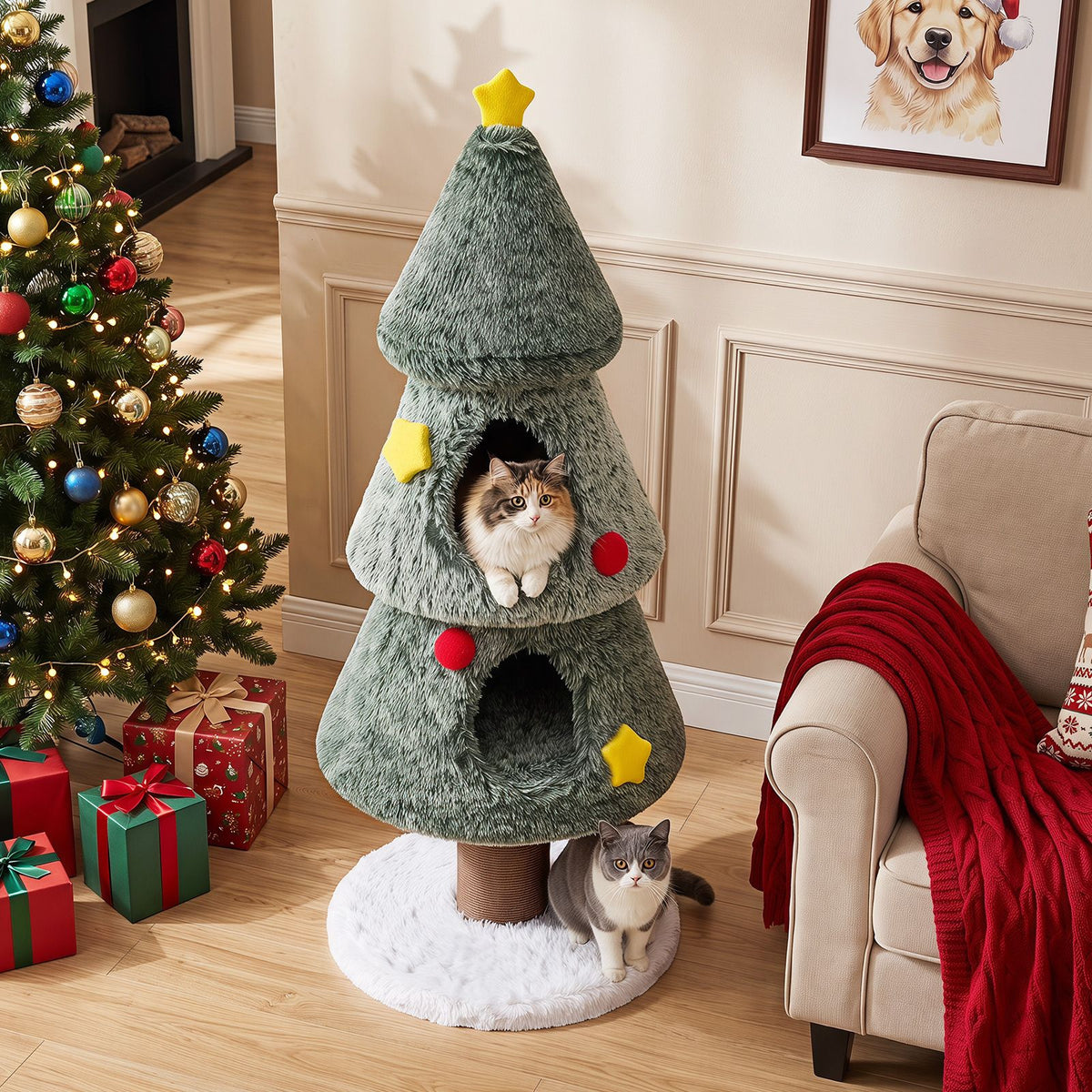 127 cm Christmas Cat Tree with 2 Condos and Scratching Post Holiday Pet Furniture