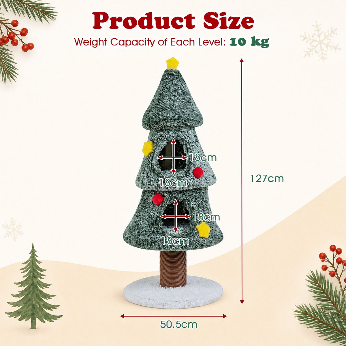 127 cm Christmas Cat Tree with 2 Condos and Scratching Post Holiday Pet Furniture