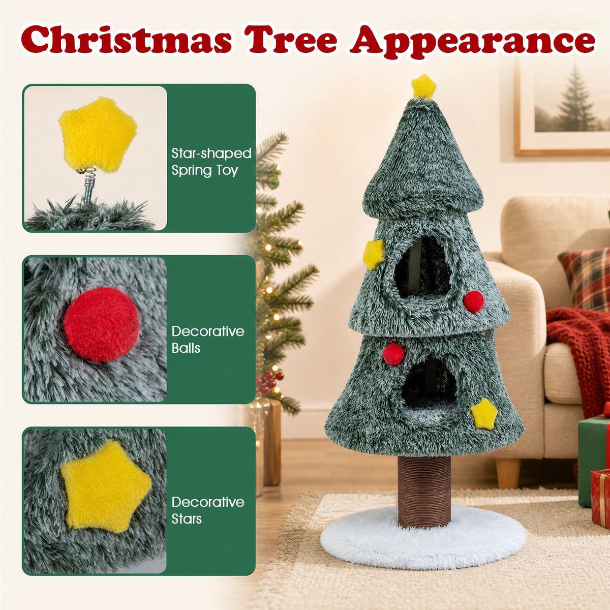 127 cm Christmas Cat Tree with 2 Condos and Scratching Post Holiday Pet Furniture