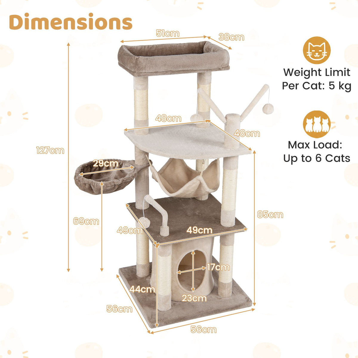 127 cm Tall Cat Tree with Scratching Post for Indoor Felines