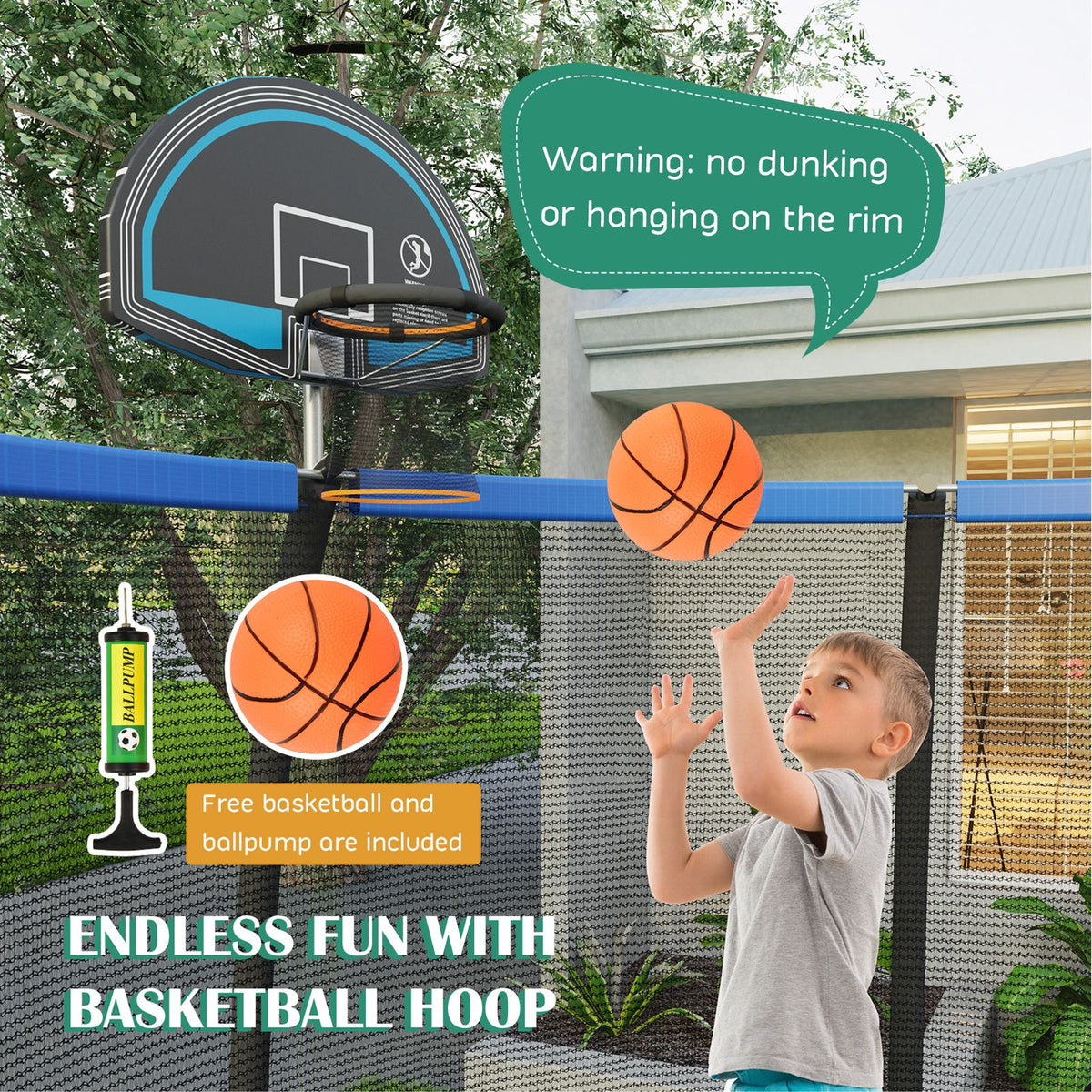 12FT Outdoor Trampoline with Basketball Hoop and Enclosure Net